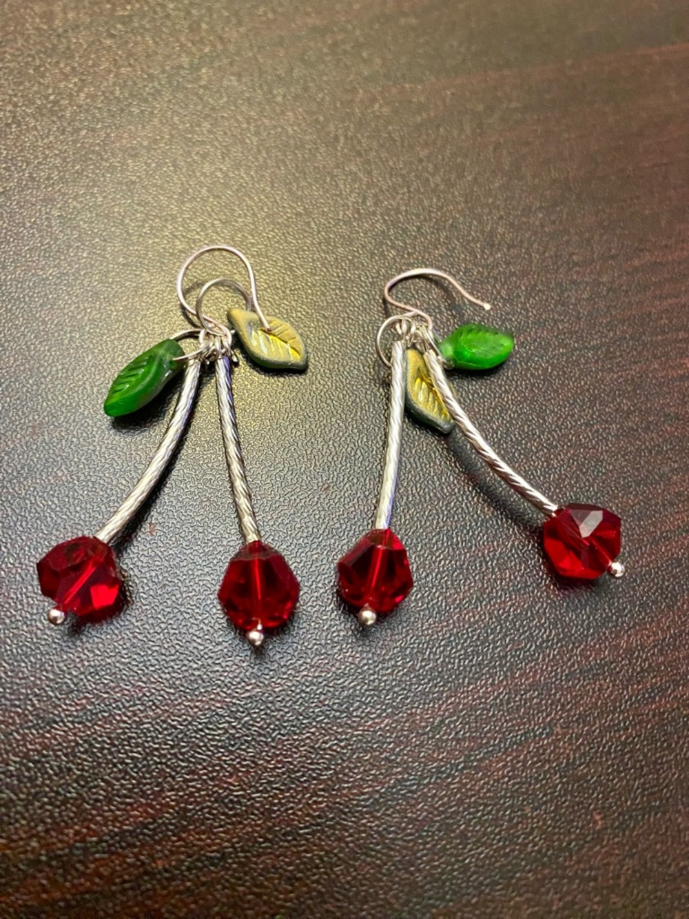 Handmade Green & Red Cherry Drop Earrings